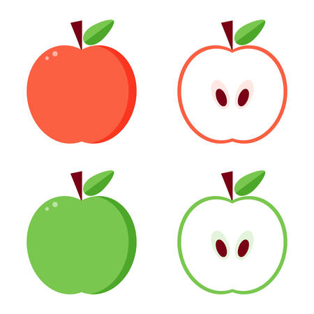 Flat design vector green and red apples, whole and cut in half isolated on white background.のイラスト素材