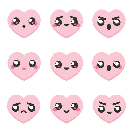 Set, collection of kawaii japanese emoticons, emoji pink hearts isolated on white background. Flat design.のイラスト素材