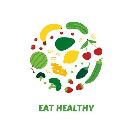 Eat healthy round cartoon style illustration with fruits and vegetables. Watermelon, banana, avocado, cherry, strawberry, green pea, ginger, lemon, broccoli, chili pepper, cucumber.のイラスト素材