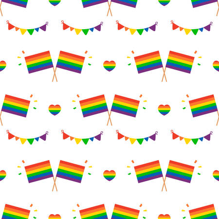 Colorful LGBTQ + flags, garlands and hearts vector seamless pattern background for pride month.のイラスト素材