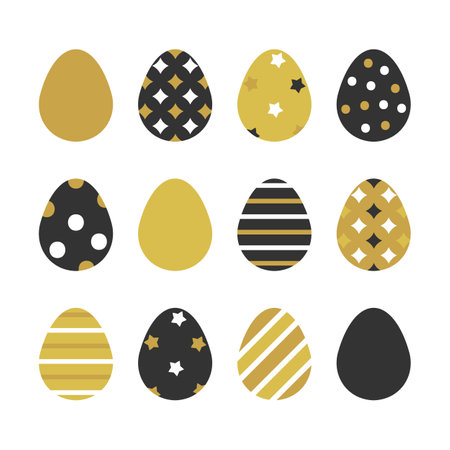 Set, collection of black and gold decorated easter eggs with dots, stripe ornaments.のイラスト素材
