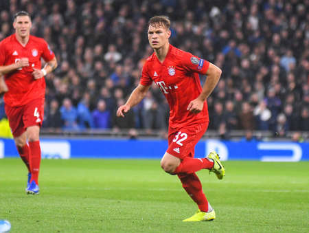 LONDON, ENGLAND - OCTOBER 1, 2019: Joshua Kimmich of Bayern celebrates after he scored a goal during the 2019/20 UEFA Champions League Group B game between Tottenham Hotspur FC (England) and Bayern Munchen (Germany) at Tottenham Hotspur Stadium.のeditorial素材