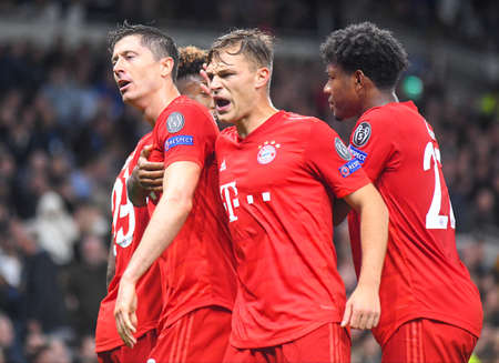 LONDON, ENGLAND - OCTOBER 1, 2019: Robert Lewandowski of Bayern celebrates with his team mates after his first goal scored during the 2019/20 UEFA Champions League Group B game between Tottenham Hotspur FC (England) and Bayern Munchen (Germany) at Tottenhのeditorial素材