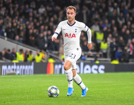 LONDON, ENGLAND - OCTOBER 1, 2019: Christian Eriksen of Tottenham pictured during the 2019/20 UEFA Champions League Group B game between Tottenham Hotspur FC (England) and Bayern Munchen (Germany) at Tottenham Hotspur Stadium.のeditorial素材