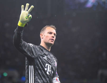 LONDON, ENGLAND - OCTOBER 1, 2019: Manuel Neuer of Bayern celebrates after a goal scored by his team during the 2019/20 UEFA Champions League Group B game between Tottenham Hotspur FC (England) and Bayern Munchen (Germany) at Tottenham Hotspur Stadium.のeditorial素材