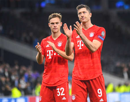LONDON, ENGLAND - OCTOBER 1, 2019: Joshua Kimmich of Bayern and Robert Lewandowski of Bayern pictured after the 2019/20 UEFA Champions League Group B game between Tottenham Hotspur FC (England) and Bayern Munchen (Germany) at Tottenham Hotspur Stadium.のeditorial素材