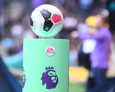 LONDON, ENGLAND - SEPTEMBER 28, 2019: The official matchball pictured ahead of the 2019/20 Premier League game between Tottenham Hotspur FC and Southamtpon FC at Tottenham Hotspur Stadium.のeditorial素材