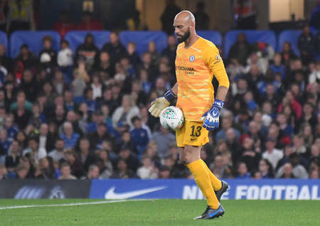 LONDON, ENGLAND - SEPTEMBER 25, 2019: Willy Caballero of Chelsea pictured during the 2019/20 EFL Cup Round 3 game between Chelsea FC and Grimsby Town FC at Stamford Bridge.のeditorial素材