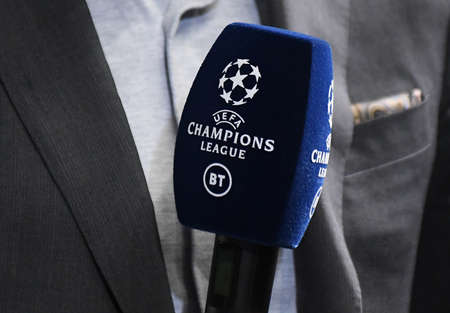 LONDON, ENGLAND - SEPTEMBER 17, 2019: Detail of a Champions League and BT Sport branded microphone pictured ahead of the 2019/20 UEFA Champions League Group H game between Chelsea FC (England) and Valencia CF (Spain) at Stamford Bridge.のeditorial素材