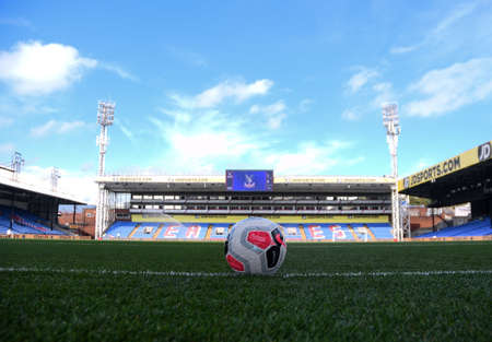 LONDON, ENGLAND - AUGUST 31, 2019: General view of the venue and the official match ball seen ahead of the 2019/20 Premier League game between Crystal Palace FC and Aston Villa FC at Selhurst Park.のeditorial素材