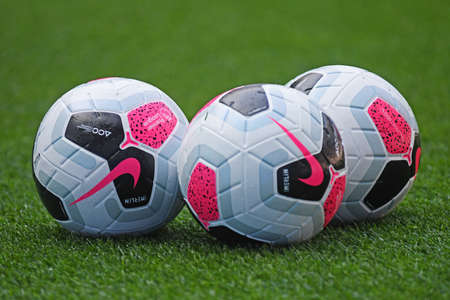 LONDON, ENGLAND - AUGUST 25, 2019: The official Premier League match balls pictured ahead of the 2019/20 Premier League game between Tottenham Hotspur FC and Newcastle United FC at Tottenham Hotspur Stadium.のeditorial素材