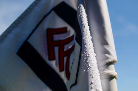 LONDON, ENGLAND - AUGUST 24, 2019: Detail of a corner flag pictured ahead of the 2019/20 EFL SkyBet Championship game between Fulham FC and Nottingham Forest FC at Craven Cottage.のeditorial素材