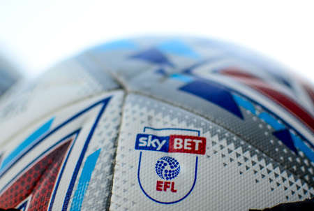 LONDON, ENGLAND - AUGUST 24, 2019: Detail of the official EFL SkyBet Championship match ball pictured ahead of the 2019/20 EFL SkyBet Championship game between Fulham FC and Nottingham Forest FC at Craven Cottage.のeditorial素材