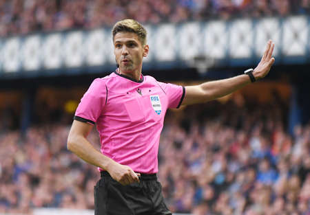 GLASGOW, SCOTLAND - JULY 18, 2019: Austrian FIFA referee Christopher Jaeger pictured during the 2nd leg of the 2019/20 UEFA Europa League First Qualifying Round game between Rangers FC (Scotland) and St Joseph's FC (Gibraltar) at Ibrox Park.のeditorial素材