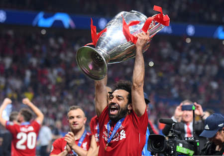 MADRID, SPAIN - JUNE 1, 2019: Mohamed Salah of Liverpool pictured during the award ceremony held after the 2018/19 UEFA Champions League Final between Tottenham Hotspur (England) and Liverpool FC (England) at Wanda Metropolitano.のeditorial素材