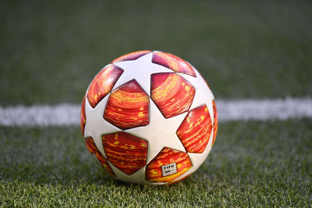 MADRID, SPAIN - JUNE 1, 2019: The official match ball pictured prior to the 2018/19 UEFA Champions League Final between Tottenham Hotspur (England) and Liverpool FC (England) at Wanda Metropolitano.のeditorial素材