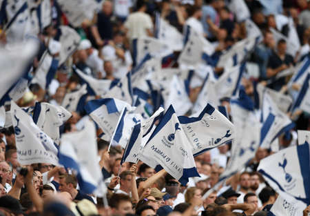 MADRID, SPAIN - JUNE 1, 2019: Tottenham fans pictured prior to the 2018/19 UEFA Champions League Final between Tottenham Hotspur (England) and Liverpool FC (England) at Wanda Metropolitano.のeditorial素材