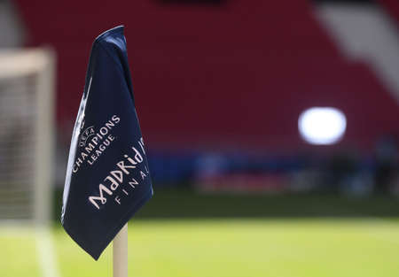 MADRID, SPAIN - MAY 31, 2019: A corner flag with the final's branding pictured one day before the 2018/19 UEFA Champions League Final between Tottenham Hotspur (England) and Liverpool FC (England) at Wanda Metropolitano.のeditorial素材
