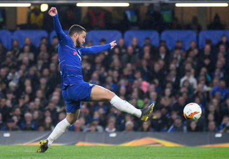 LONDON, ENGLAND - MAY 9, 2019: Eden Hazard of Chelsea pictured during the second leg of the 2018/19 UEFA Europa League Semi-Finals game between Chelsea FC (England) and Eintracht Frankfurt e.V. (Germany) at Stamford Bridge.のeditorial素材
