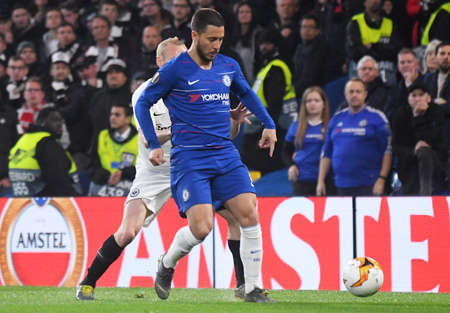 LONDON, ENGLAND - MAY 9, 2019: Eden Hazard of Chelsea pictured during the second leg of the 2018/19 UEFA Europa League Semi-Finals game between Chelsea FC (England) and Eintracht Frankfurt e.V. (Germany) at Stamford Bridge.のeditorial素材