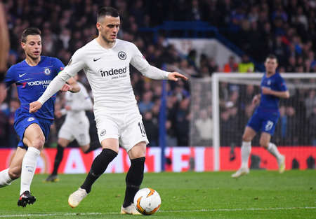 LONDON, ENGLAND - MAY 9, 2019: Filip Kostic of Eintracht pictured during the second leg of the 2018/19 UEFA Europa League Semi-Finals game between Chelsea FC (England) and Eintracht Frankfurt e.V. (Germany) at Stamford Bridge.のeditorial素材