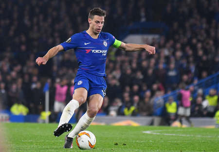 LONDON, ENGLAND - MAY 9, 2019: Cesar Azpilicueta of Chelsea pictured during the second leg of the 2018/19 UEFA Europa League Semi-Finals game between Chelsea FC (England) and Eintracht Frankfurt e.V. (Germany) at Stamford Bridge.のeditorial素材
