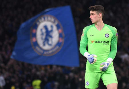 LONDON, ENGLAND - APRIL 18, 2019: Kepa Arrizabalaga of Chelsea pictured during the second leg of the 2018/19 UEFA Europa League Quarter-Finals game between Chelsea FC (England) and SK Slavia Praha (Czech Republic) at Stamford Bridge.のeditorial素材
