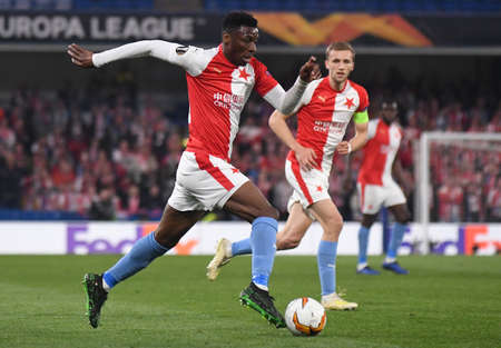 LONDON, ENGLAND - APRIL 18, 2019: Ibrahim Traore of Slavia pictured during the second leg of the 2018/19 UEFA Europa League Quarter-Finals game between Chelsea FC (England) and SK Slavia Praha (Czech Republic) at Stamford Bridge.のeditorial素材
