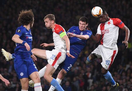 LONDON, ENGLAND - APRIL 18, 2019: Tomas Soucek of Slavia (L), Andreas Christensen of Chelsea (C) and Simon Deli of Slavia (R) pictured during the second leg of the 2018/19 UEFA Europa League Quarter-Finals game between Chelsea FC (England) and SK Slavia Pのeditorial素材