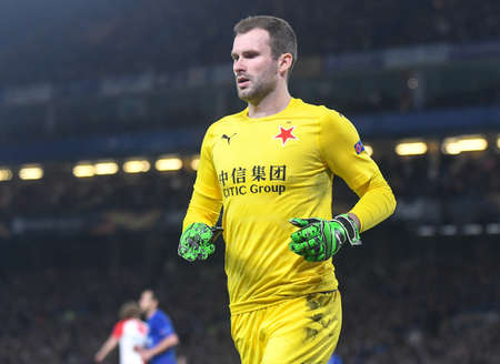LONDON, ENGLAND - APRIL 18, 2019: Ondrej Kolar of Slavia pictured during the second leg of the 2018/19 UEFA Europa League Quarter-Finals game between Chelsea FC (England) and SK Slavia Praha (Czech Republic) at Stamford Bridge.のeditorial素材