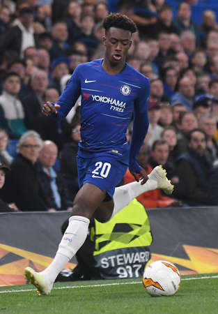 LONDON, ENGLAND - APRIL 18, 2019: Callum Hudson-Odoi of Chelsea pictured during the second leg of the 2018/19 UEFA Europa League Quarter-Finals game between Chelsea FC (England) and SK Slavia Praha (Czech Republic) at Stamford Bridge.のeditorial素材
