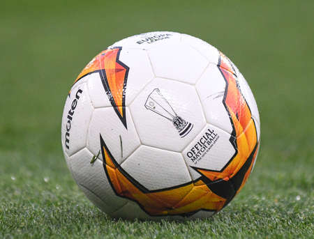 LONDON, ENGLAND - APRIL 18, 2019: The official match ball pictured ahead of the second leg of the 2018/19 UEFA Europa League Quarter-Finals game between Chelsea FC (England) and SK Slavia Praha (Czech Republic) at Stamford Bridge.のeditorial素材