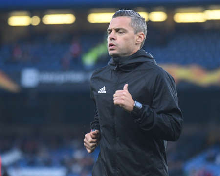 LONDON, ENGLAND - APRIL 18, 2019: Slovenian FIFA referee Damir Skomina pictured ahead of the second leg of the 2018/19 UEFA Europa League Quarter-Finals game between Chelsea FC (England) and SK Slavia Praha (Czech Republic) at Stamford Bridge.のeditorial素材