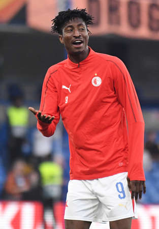 LONDON, ENGLAND - APRIL 18, 2019: Peter Olayinka of Slavia pictured prior to the second leg of the 2018/19 UEFA Europa League Quarter-Finals game between Chelsea FC (England) and SK Slavia Praha (Czech Republic) at Stamford Bridge.のeditorial素材