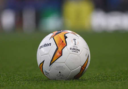 LONDON, ENGLAND - APRIL 18, 2019: The official match ball of the 2018/19 Europa League Final pictured prior to the second leg of the 2018/19 UEFA Europa League Quarter-Finals game between Chelsea FC (England) and SK Slavia Praha (Czech Republic) at Stamfoのeditorial素材