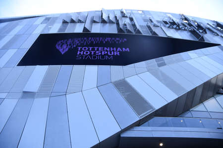 LONDON, ENGLAND - APRIL 13, 2019: Outside view of the venue seen prior to the 2018/19 Premier League game between Tottenham Hotspur and Huddersfield Twon at Tottenham Hotspur Stadium.のeditorial素材