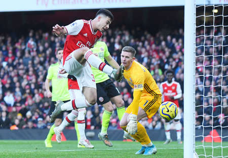 LONDON, ENGLAND - JANUARY 18, 2020: Gabriel Martinelli of Arsenal scores during the 2019/20 Premier League game between Arsenal FC and Sheffield United FC at Emirates Stadium.のeditorial素材