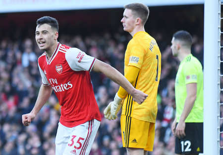 LONDON, ENGLAND - JANUARY 18, 2020: Gabriel Martinelli of Arsenal celebrates after he scored a goal during the 2019/20 Premier League game between Arsenal FC and Sheffield United FC at Emirates Stadium.のeditorial素材
