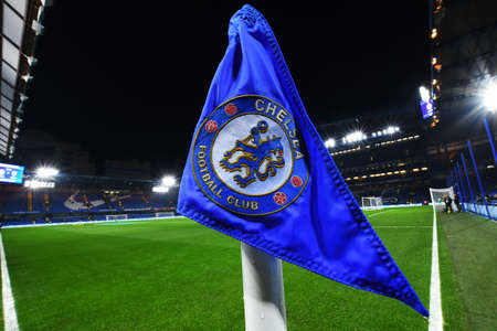 LONDON, ENGLAND - JANUARY 21, 2020: Corner flag with Chelsea crest pictured ahead of the 2019/20 Premier League game between Chelsea FC and Arsenal FC at Stamford Bridge.のeditorial素材