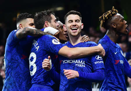 LONDON, ENGLAND - JANUARY 21, 2020: Jorge Luiz Frello Filho (Jorginho) of Chelsea ceelbrates after scoring a goal during the 2019/20 Premier League game between Chelsea FC and Arsenal FC at Stamford Bridge.のeditorial素材