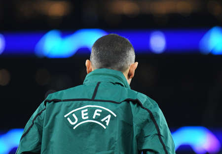 LONDON, ENGLAND - FEBRUARY 19, 2020: Turkish FIFA referee Cuneyt Cakir pictured ahead of the first leg of the 2019/20 UEFA Champions League Round of 16 game between Tottenham Hotspur FC and RB Leipzig at Tottenham Hotspur Stadium.のeditorial素材