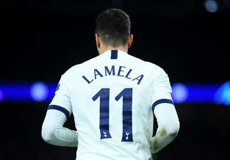 LONDON, ENGLAND - FEBRUARY 19, 2020: Erik Lamela of Tottenham pictured during the first leg of the 2019/20 UEFA Champions League Round of 16 game between Tottenham Hotspur FC and RB Leipzig at Tottenham Hotspur Stadium.のeditorial素材