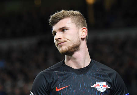 LONDON, ENGLAND - FEBRUARY 19, 2020: Timo Werner of Leipzig pictured during the first leg of the 2019/20 UEFA Champions League Round of 16 game between Tottenham Hotspur FC and RB Leipzig at Tottenham Hotspur Stadium.のeditorial素材