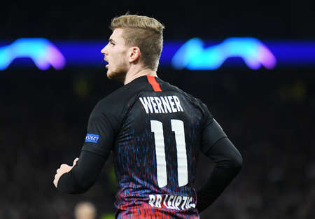 LONDON, ENGLAND - FEBRUARY 19, 2020: Timo Werner of Leipzig pictured during the first leg of the 2019/20 UEFA Champions League Round of 16 game between Tottenham Hotspur FC and RB Leipzig at Tottenham Hotspur Stadium.のeditorial素材