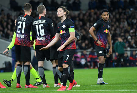 LONDON, ENGLAND - FEBRUARY 19, 2020: Marcel Sabitzer of Leipzig pictured during the first leg of the 2019/20 UEFA Champions League Round of 16 game between Tottenham Hotspur FC and RB Leipzig at Tottenham Hotspur Stadium.のeditorial素材