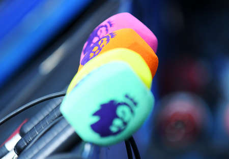 LONDON, ENGLAND - FEBRUARY 22, 2020: Premier League branded microphone pictured ahead of the 2019/20 Premier League game between Chelsea FC and Tottenham Hotspur FC at Stamford Bridge.のeditorial素材