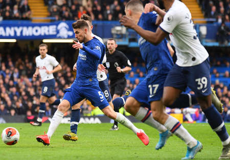 LONDON, ENGLAND - FEBRUARY 22, 2020: Jorge Luiz Frello Filho (Jorginho) of Chelsea pictured during the 2019/20 Premier League game between Chelsea FC and Tottenham Hotspur FC at Stamford Bridge.のeditorial素材