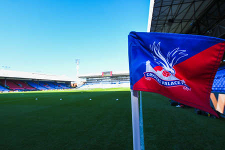 LONDON, ENGLAND - OCTOBER 3, 2021: Crystal Palace Crest seen on a corner flag ahead of the 2021-22 Premier League matchweek 7 game between Crystal Palace FC and Leicester CIty FC at Selhurst Park.のeditorial素材