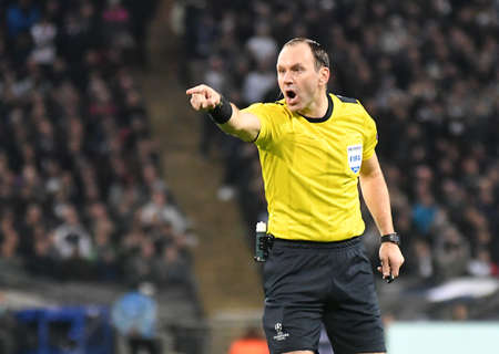 LONDON, ENGLAND - NOVEMBER 2, 2016: Swedish FIFA referee Jonas Eriksson pictured during the UEFA Champions League Group E game between Tottenham Hotspur and Bayern Leverkusen at Wembley Stadium. Copyright: Cosmin Iftode/Picstaffのeditorial素材