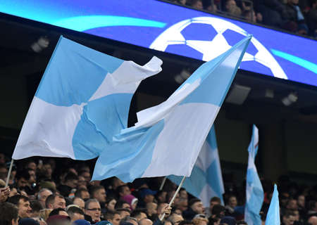 MANCHESTER, ENGLAND - NOVEMBER 1, 2016: Manchester City colored flags pictured during the UEFA Champions League Group C game between Manchester City and FC Barcelona at City of Manchester Stadium. Copyright: Cosmin Iftode/Picstaffのeditorial素材